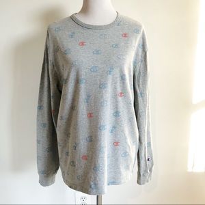 Champion Grey Long Sleeve Logo Unisex Tee T-Shirt, size Large